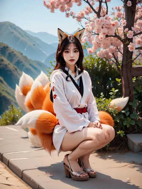 8k, solo beautiful (kyuubi no kitsune) 1girl, multiple tails, fox tail, <lora:kyuubi_no_kitsune-1.0:1.2>