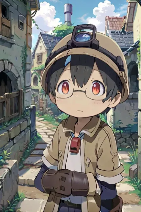 anime character in a helmet and goggles standing in a narrow alley