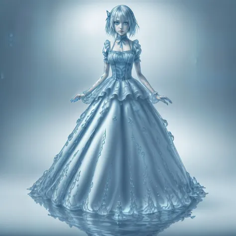 a woman in a blue dress standing in water with her hands out