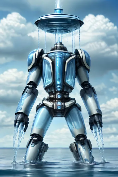 a close up of a robot standing in the water with a fountain