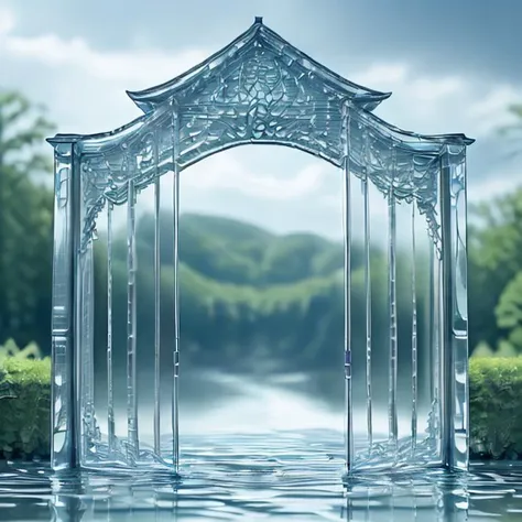 a close up of a glass arch with a lake in the background