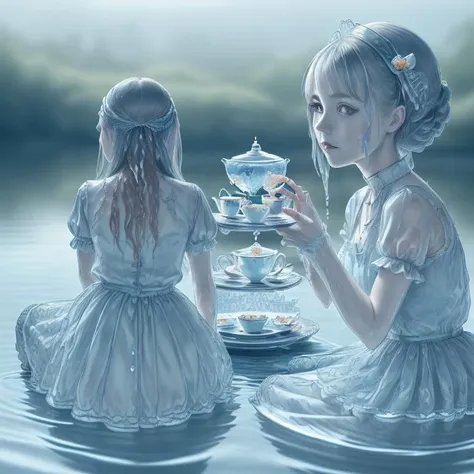 two girls in dresses are sitting in the water with tea cups