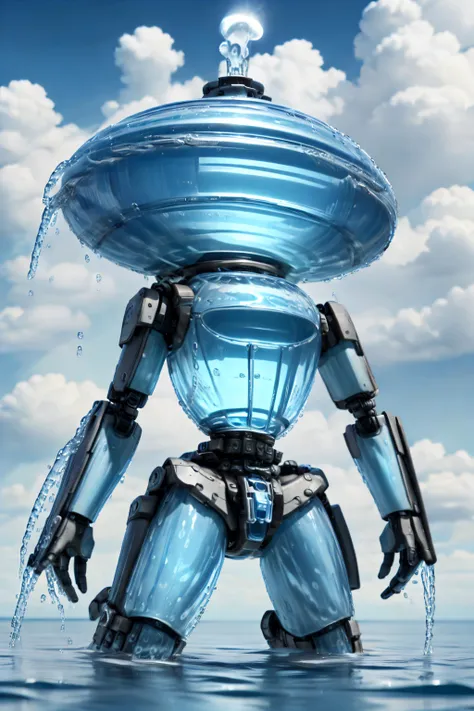 a close up of a robot with a water bowl on its head