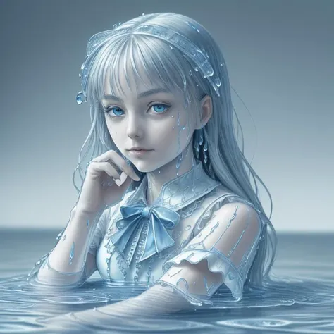 a woman with long hair and blue eyes is sitting in the water