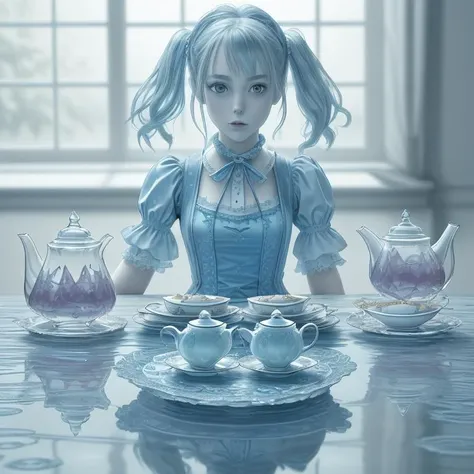 anime girl sitting at a table with tea set and teapots