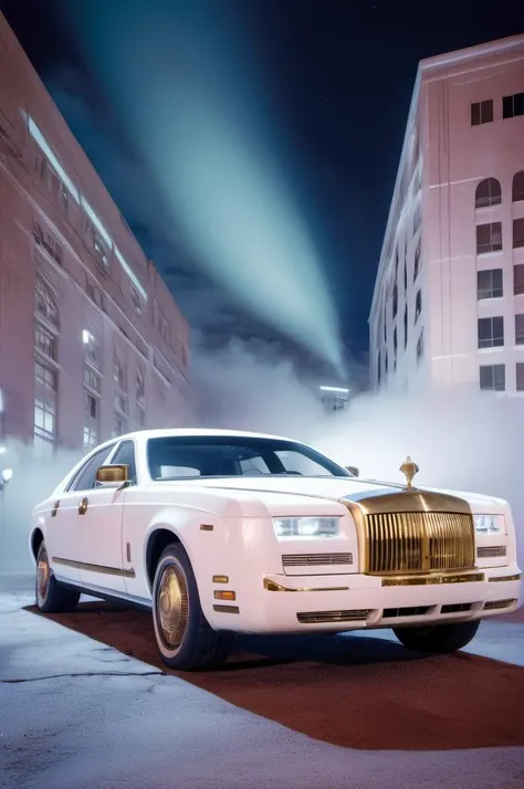 <lora:Infrared Photos:1>Infrared Photos, white and brass science fiction hovering industrial luxury car by a downtown hotel, science fiction, cinematic lighting, night time, volumetric light, imax, dslr, highly detailed, volumetric fog, dystopian vibes, du...