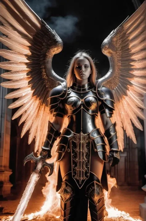 <lora:Infrared Photos:1>Infrared Photos, epic female warrior on fire ablaze in black and gold armor with angel wings, horror christian cathedral, nighttime, 
dungeons and dragons,
dungeons and dragons,