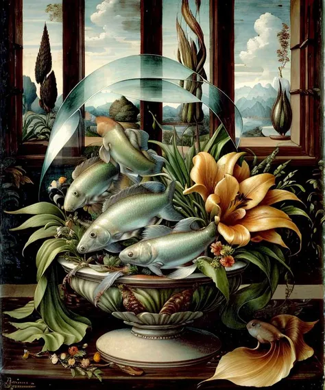 tropical fish in a bowl, vase of lilies,  drawing  by wjqleonardo, <lora:wjqleonardo-12:1>