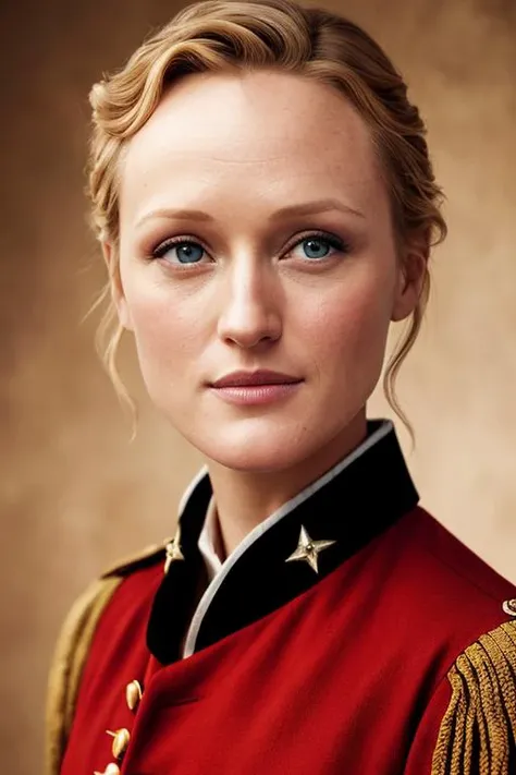 Masterpiece, best quality, promo photo of a b1sh3 wearing a american revolution outfit and posing <set restore_faces>1</set>, (closeup:1.4), skin texture