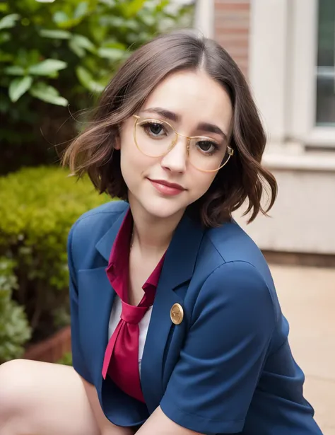 ashley-boettcher:0.65, black straight bobcut, bangs, white rim square eyeglasses, dark blue short sleeve jacket with gold buttons, red necktie, red skirt, black shirt, black knee socks, high boots, BREAK masterpiece:1.2, absurdres:1.1, best quality, 8k raw...