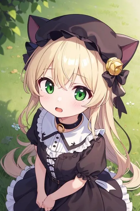 masterpiece, best quality,1girl,ultra detail,Bekkanou <lora:1_bekkankou:0.8>,(petite),blonde longhair,green eyes,black cat hat,black dress,white frilled collar,from above,shy,