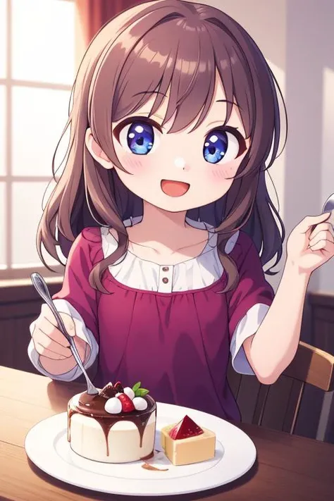 masterpiece, best quality,1girl,ultra detail,Bekkanou <lora:1_bekkankou:0.8>,(petite),brown longhair,blue eyes,purple formal onepiece,smile,open mouth,pudding,happy