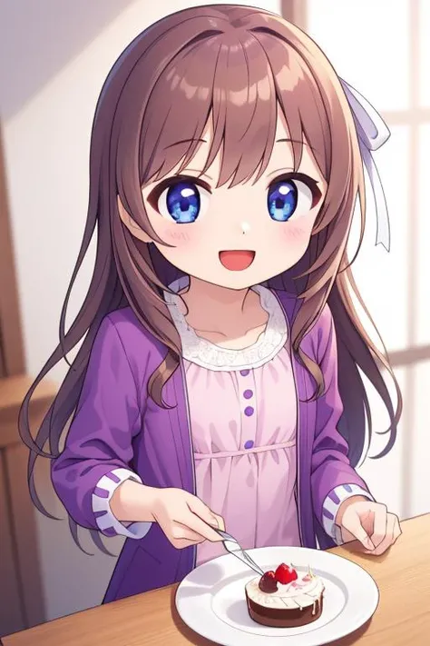 masterpiece, best quality,1girl,ultra detail,Bekkanou <lora:1_bekkankou:0.8>,(petite),brown longhair,blue eyes,purple onepiece,white ribbon,smile,open mouth,pudding,happy