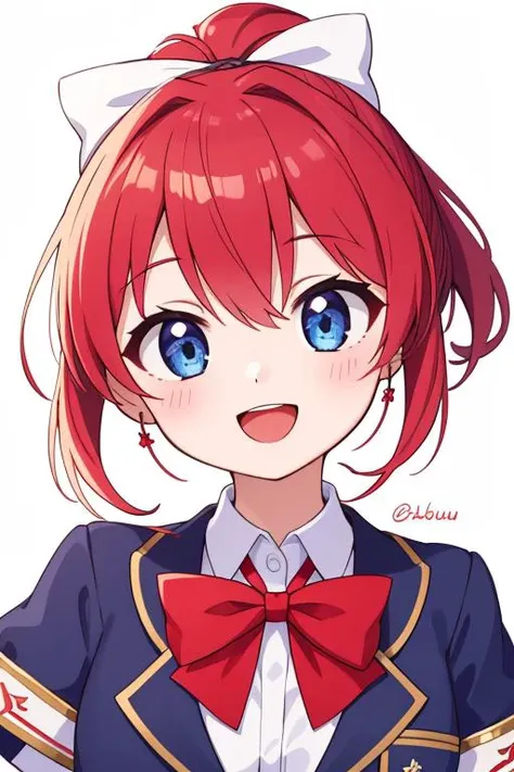 masterpiece, best quality,1girl,ultra detail,Bekkanou <lora:1_bekkankou:0.8>,red ponytail,white bow,blue eyes,open mouth,smile,school uniform