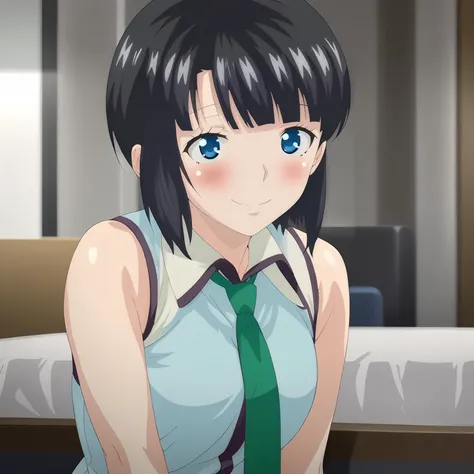 anime girl with black hair and blue eyes in a room