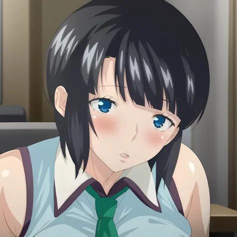 anime image of a woman with a green tie and blue eyes