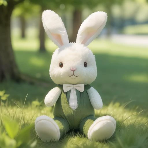 <lora:stuffed_toy1.5v1.2:1>stuffed toy, no humans, rabbit, blurry, solo, outdoors, sitting, plant, looking at viewer, grass, nature, blurry background, day, black eyes, depth of field, full body, tree