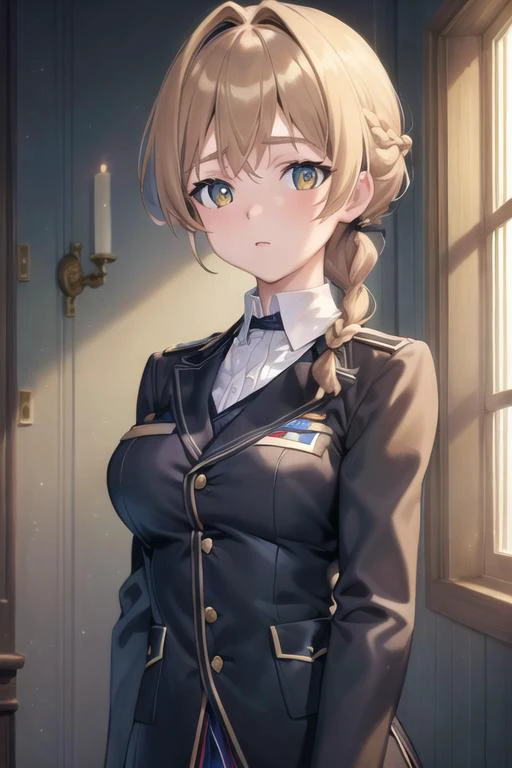 (masterpiece:1.4),(best quality:1.3),ultra-detailed,8K,CG,wallpaper,HDR,high quality,high-definition,extremely detailed,perfect lighting,
lynette bishop,braid,uniform, medium breasts <lora:strikeWitches_v10:1>