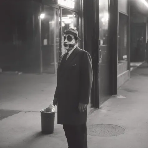 (close up portrait:1.3) of a moroccan clown in a butcher shoppe at night by hrrzg, lit by street lights, bokeh, ilford delta 320...