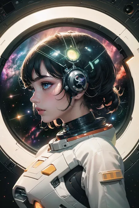 a woman in a space suit with headphones looking out of a window