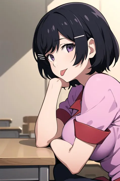 anime girl sitting at a table with her chin resting on her hand