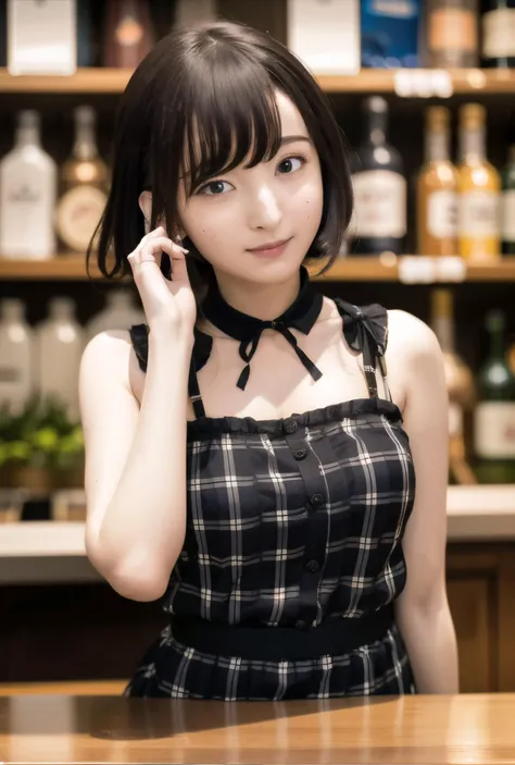 <lora:sakuraayane_lora:1.0>, ayane sakura, bar, sitting in bar stool, full face blush, drunk, drinking alcohol, plaid dress,