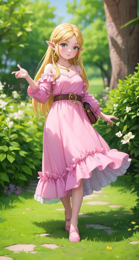 a woman in a pink dress is walking through a garden