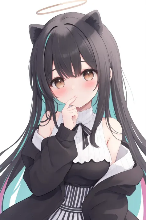 1girl, animal ears, solo, grey hair, long hair, white background, simple background, multicolored hair, halo, streaked hair, brown eyes, looking at viewer, dress, black hair, black dress, jacket, very long hair, long sleeves, striped dress, vertical-stripe...