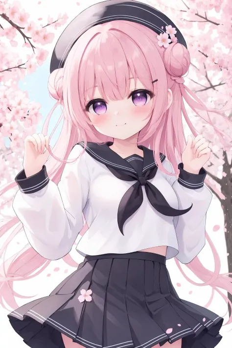 1girl, solo, hair bun, hat, pleated skirt, braid, long hair, purple eyes, cherry blossoms, serafuku, hair ornament, hairclip, bangs, closed mouth, long sleeves, smile, black serafuku, neckerchief, blush, looking at viewer, sailor collar, pink flower, doubl...