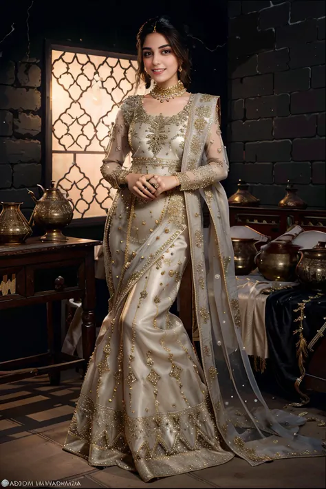 a woman in a gold and white dress standing in front of a table