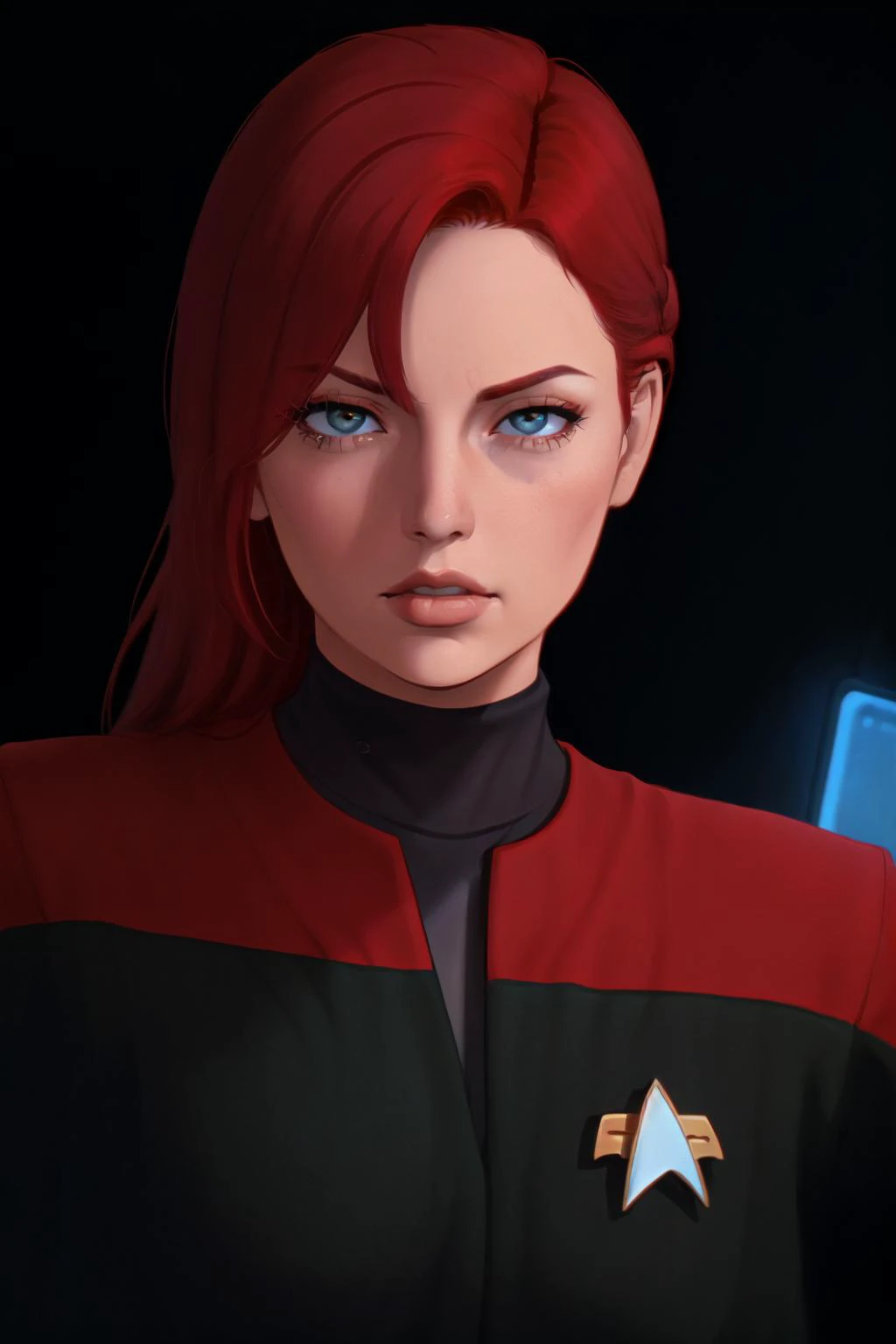 Attractive woman, extreme close up, red hair, detailed eyes, full lips, cinematic lighting, voyunf red and black uniform, chubby cheeks, forward facing,commanding stature,in a space base, determined,confident<lora:VoyuniformUltimate-000212:0.8>