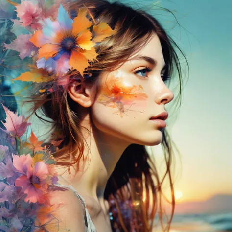 Digital fantasy double exposure one person only facing the front watercolor fairytale Illustration which is a double exposure of a summerscape sunset, by Waterhouse, Carne Griffiths, Minjae Lee, Ana Paula Hoppe, Stylized watercolor art, Intricate, Complex ...