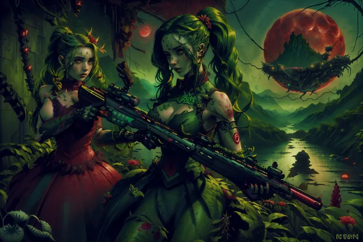 two women in green dress holding guns in front of a lake