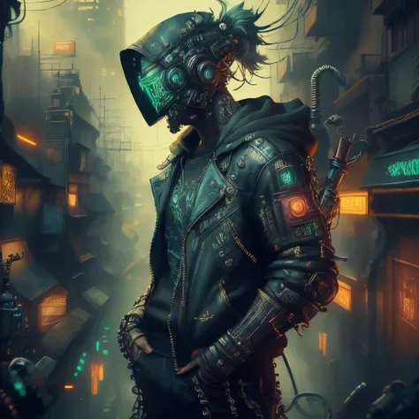 <lora:C7b3rp0nkStyle:1>RAW Photo of CyberpunkWorld  looking at viewer, solo, (full body:0.6), detailed background, detailed face, (<lora:AbsinthePunkAI:0.5>, AbsinthePunkAI theme:1.1), smirk, thief,  thieves guild, hand in pocket, dynamic pose,  dark leath...