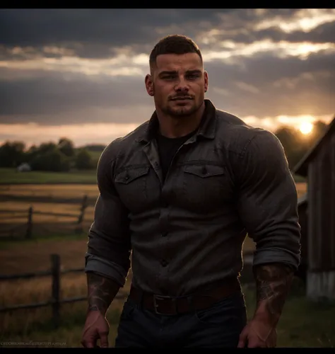 a man standing in front of a barn with a sunset behind him