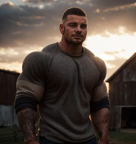 a man with a beard and a shirt on standing in front of a barn