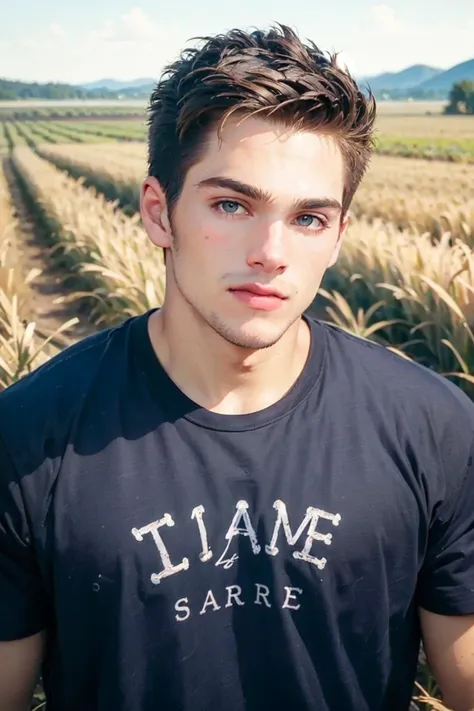 ((masterpiece)), ((best quality:1.2)), High Resolution, 8k, (ultra_realistic:1.3), (photorealistic:1.4), (instagram model, handsome:1.2), sharp focus, a photo of (dylansprayberrykm, Dylan Sprayberry), wearing simple shirt with print, farming, rural place, ...