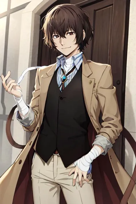 dazai, male focus, 1boy, brown hair, brown eyes, bandages, hair between eyes, shirt, pants, coat, short hair, vest, bandaged arm, smirk, <lora:Dazai:0.85>