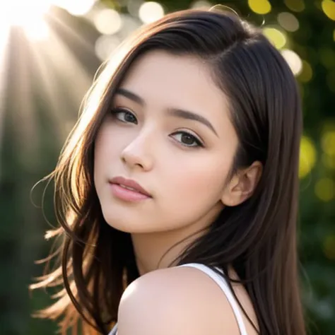 a woman with long hair and a white top posing for a picture