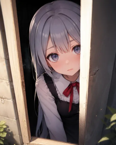 anime girl with blue eyes looking out of a window