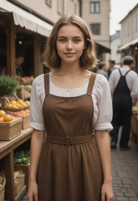 masterpiece, reality, 4k, (medium full shot) of (understated Amish) young woman, russian, light skin, olive green eyes, voluptuous build, extra long hazel inverted bob hair, wearing a brown plain dress, leather shoes, white apron, set in  a quaint market, ...