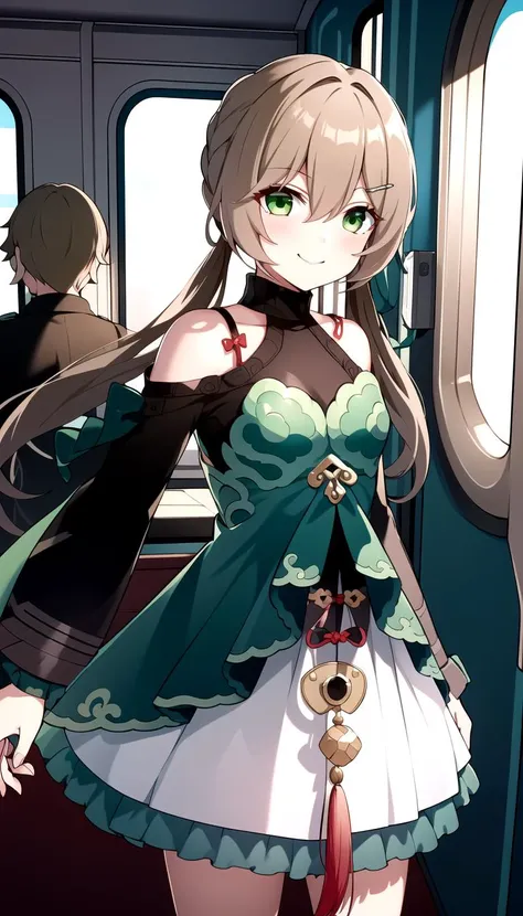 1girl, Inside train, Green eyes, masterpiece, best quality, Flat, pale Brown hair, <lyco:qingque:1.0>, qingque, Train background, Green dress with White skirt, Green frills, Red knot on clothes, Low twintails