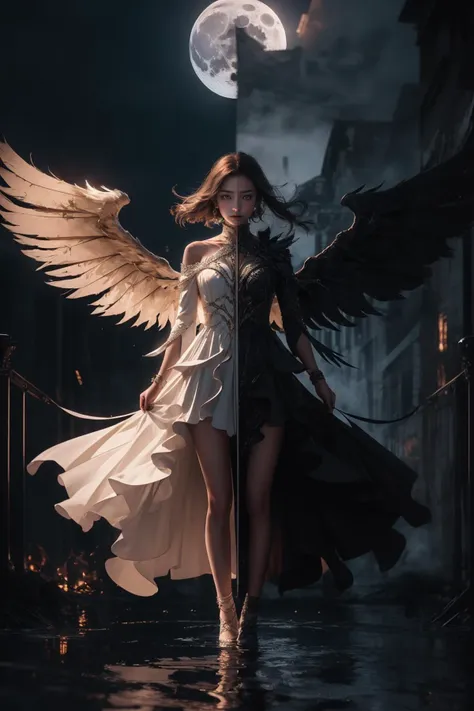 a woman in a white dress and black wings walking down a street