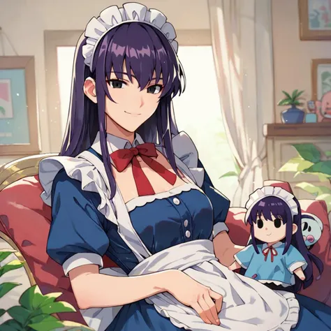 anime image of a woman in a maid outfit holding a doll