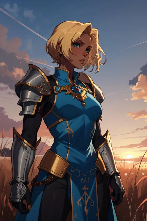 (masterpiece,best quality,absurdres,beautiful,aesthetic,detailed,cell shading),fantasy,1girl,dark skin,very short hair,undercut,blonde hair,solo focus,cowboy shot,wearing ornate armor,tabard,outside,field,sunset,gauntlets <lora:Taigerarts [MockAi - v1.0]:0...