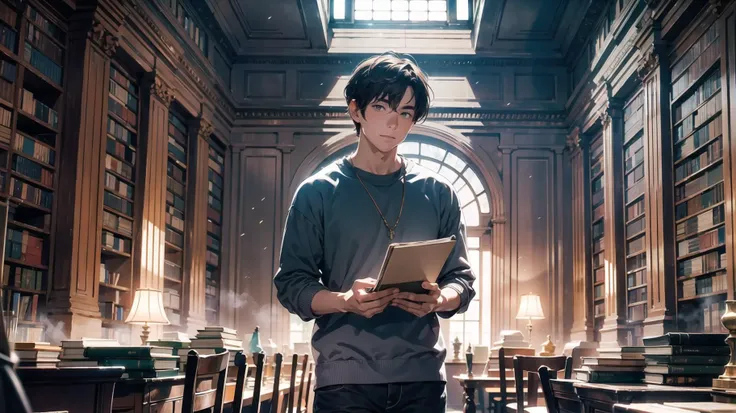 1 male, hidden gem, casual clothing, hidden, book, magical library, glowing, soft lighting, masterpiece,  <lora:add_detail:0.3>,  <lora:DW-000008:0.1>, <lora:LAS:0.2>