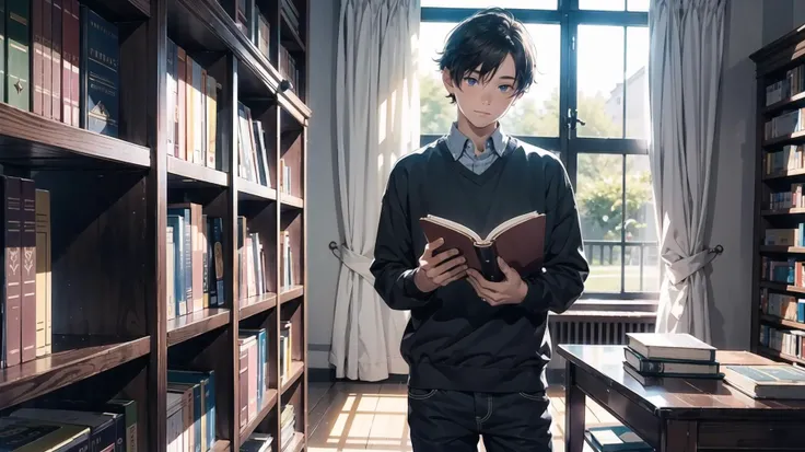 1 boy, hidden gem, casual clothing, hidden, book, magical library, glowing, soft lighting, masterpiece,  <lora:add_detail:0.3>,  <lora:DW-000008:0.1>, <lora:LAS:0.2>