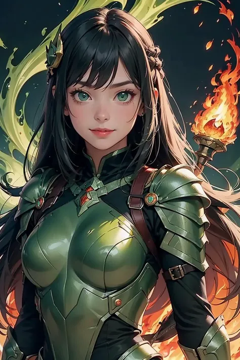 1girl, solo, upper body, looking at viewer, evil smile, long hair, floating hair, black hair, hair ornament, armor, shoulder amor, (fire, dark magic, green flame backgroud:1.5),