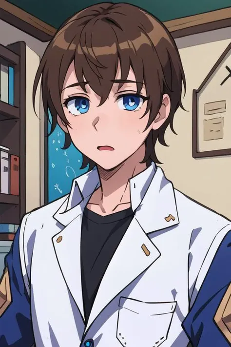 masterpiece, best quality, illustration, 1boy, solo, male focus, looking at viewer, upper body, depth of field, <lora:masato_oosuki:0.64>, masato_oosuki, brown hair, blue eyes, , feminist science fiction,