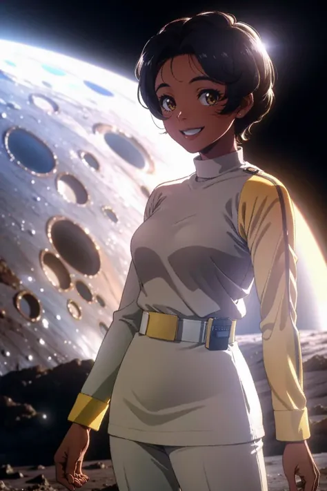 high quality, african woman in s1999unf uniform,yellow left sleeve,on the moon,smiling<lora:S1999_small:0.8>